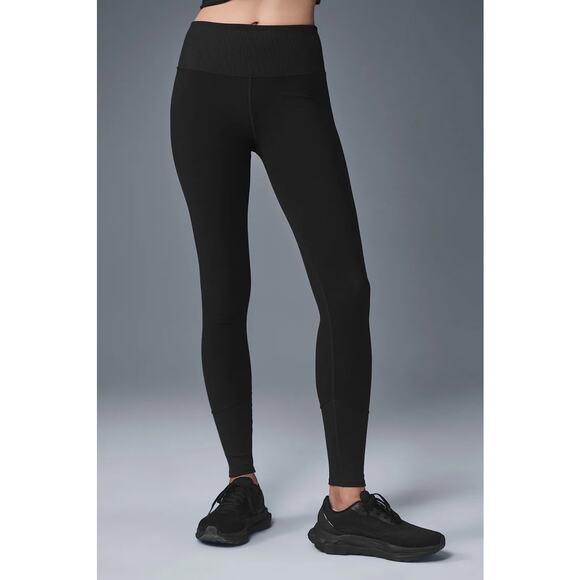 Alo Yoga High Waist Alosoft Ribbed Lounge Leggings Size XS Black Pilates Studio - Picture 2 of 8